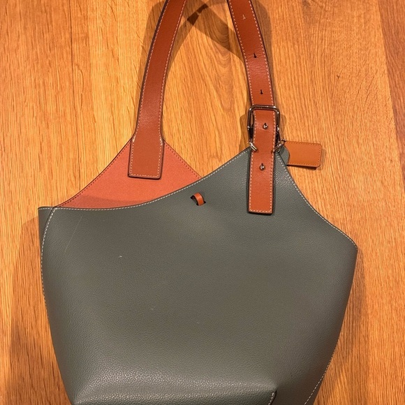 Steel Blue and Brown Leather Tote Bag with Cosmetic Pouch - Picture 2 of 12